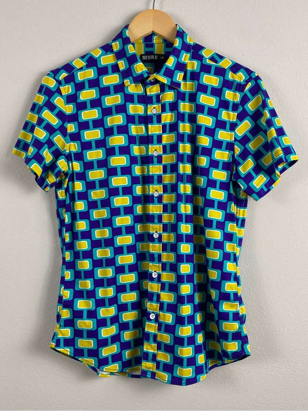 ST33LE Stretch Jersey Knit Short Sleeve Button Front Shirt | Blue/Green Screen